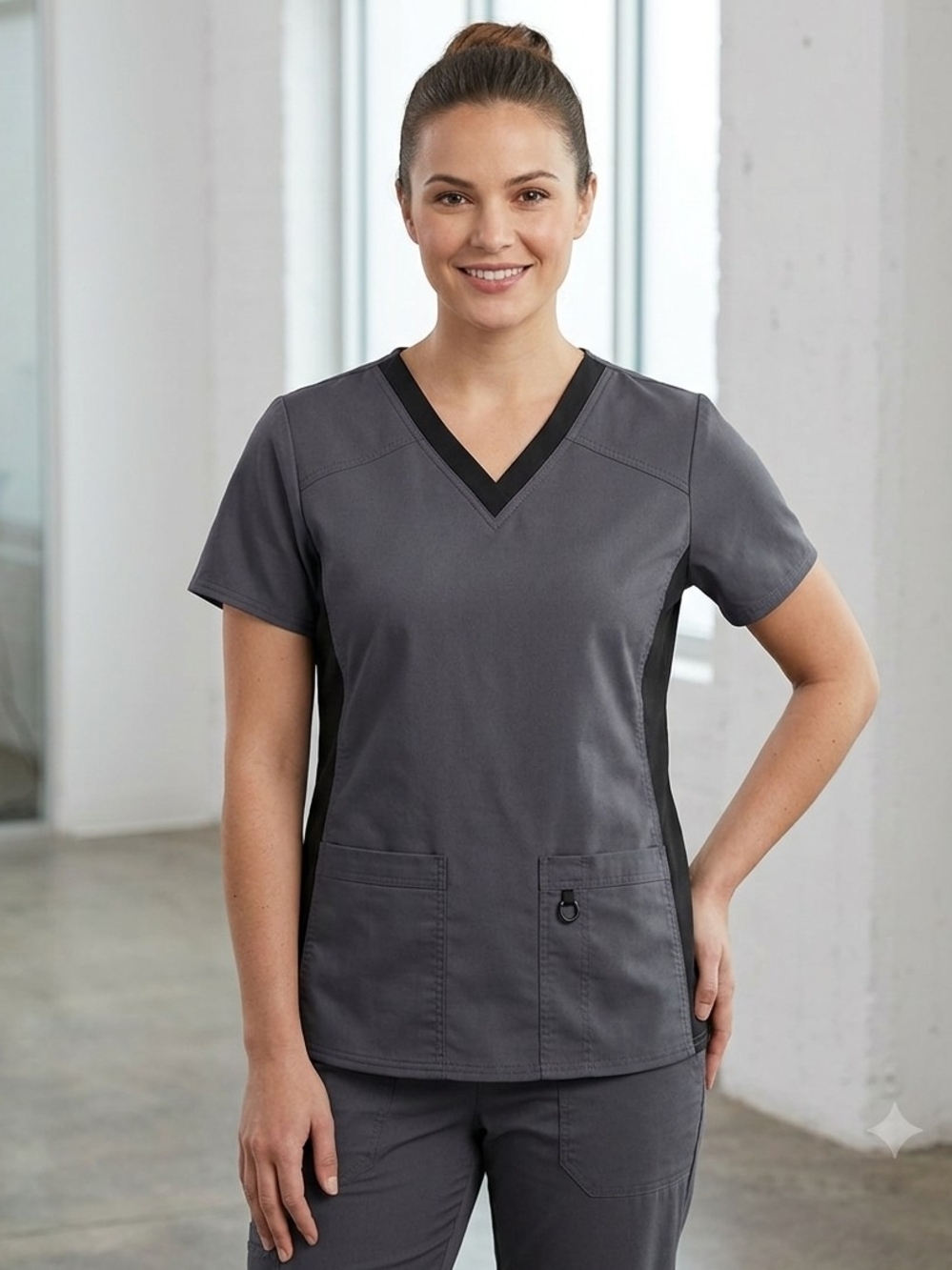 WonderWink Charcoal Gray V-Neck Scrub Top w/ Side Stretch Panels     SB 5